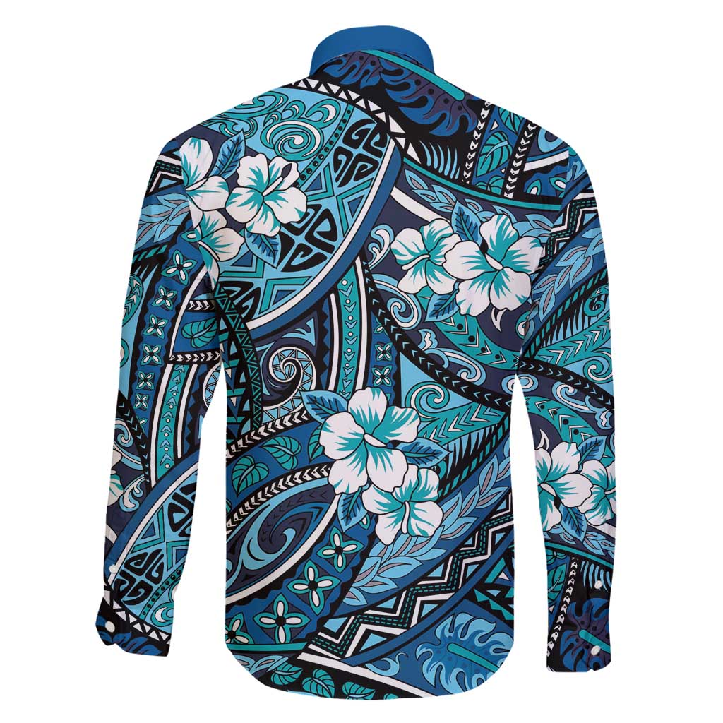Polynesian Hibiscus Tropical Blue Floral Family Matching Off Shoulder Short Dress and Hawaiian Shirt Tribal Pattern - Polynesian Pride