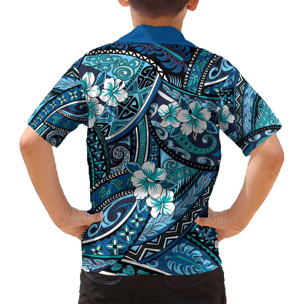 Polynesian Hibiscus Tropical Blue Floral Family Matching Puletasi and Hawaiian Shirt Tribal Pattern LT01 - Polynesian Pride