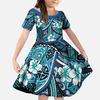 Polynesian Hibiscus Tropical Blue Floral Family Matching Puletasi and Hawaiian Shirt Tribal Pattern LT01 Daughter's Dress Blue - Polynesian Pride