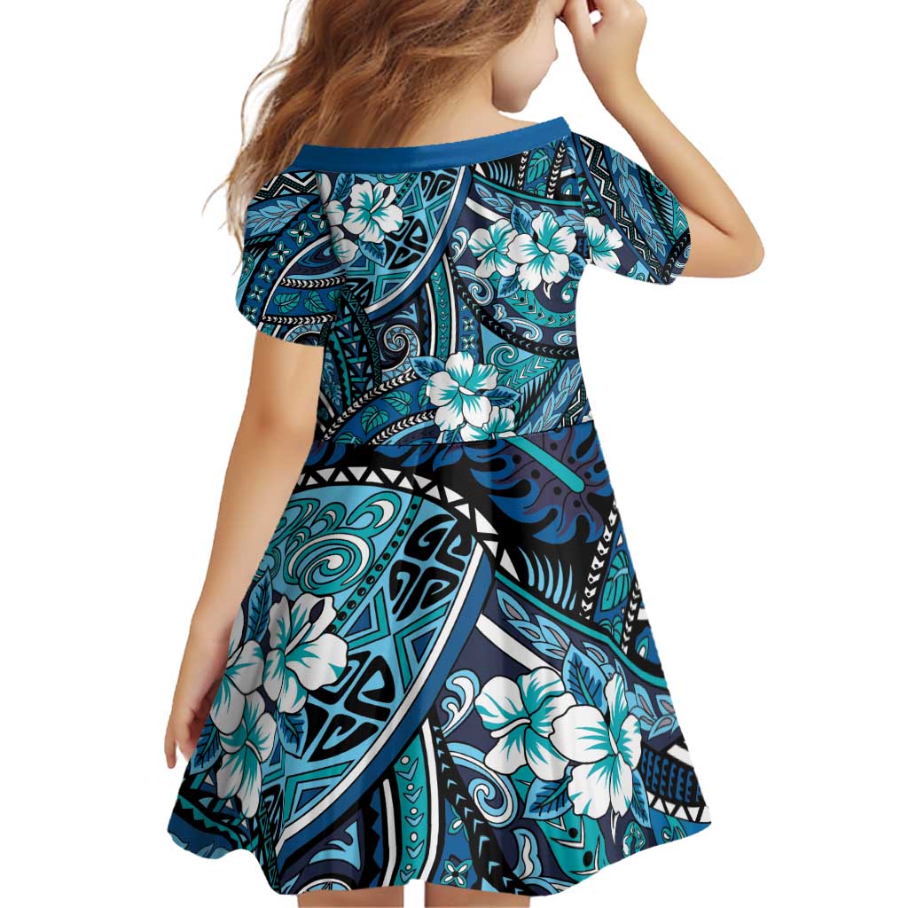 Polynesian Hibiscus Tropical Blue Floral Family Matching Puletasi and Hawaiian Shirt Tribal Pattern LT01 - Polynesian Pride