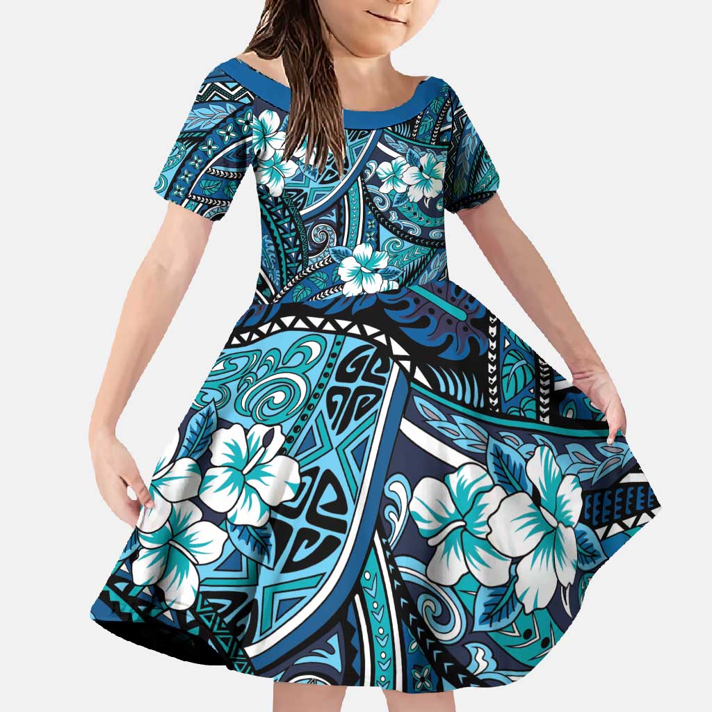 Polynesian Hibiscus Tropical Blue Floral Family Matching Short Sleeve Bodycon Dress and Hawaiian Shirt Tribal Pattern - Polynesian Pride