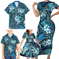 Polynesian Hibiscus Tropical Blue Floral Family Matching Short Sleeve Bodycon Dress and Hawaiian Shirt Tribal Pattern - Polynesian Pride