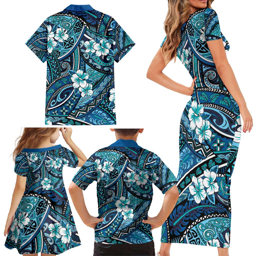 Polynesian Hibiscus Tropical Blue Floral Family Matching Short Sleeve Bodycon Dress and Hawaiian Shirt Tribal Pattern - Polynesian Pride