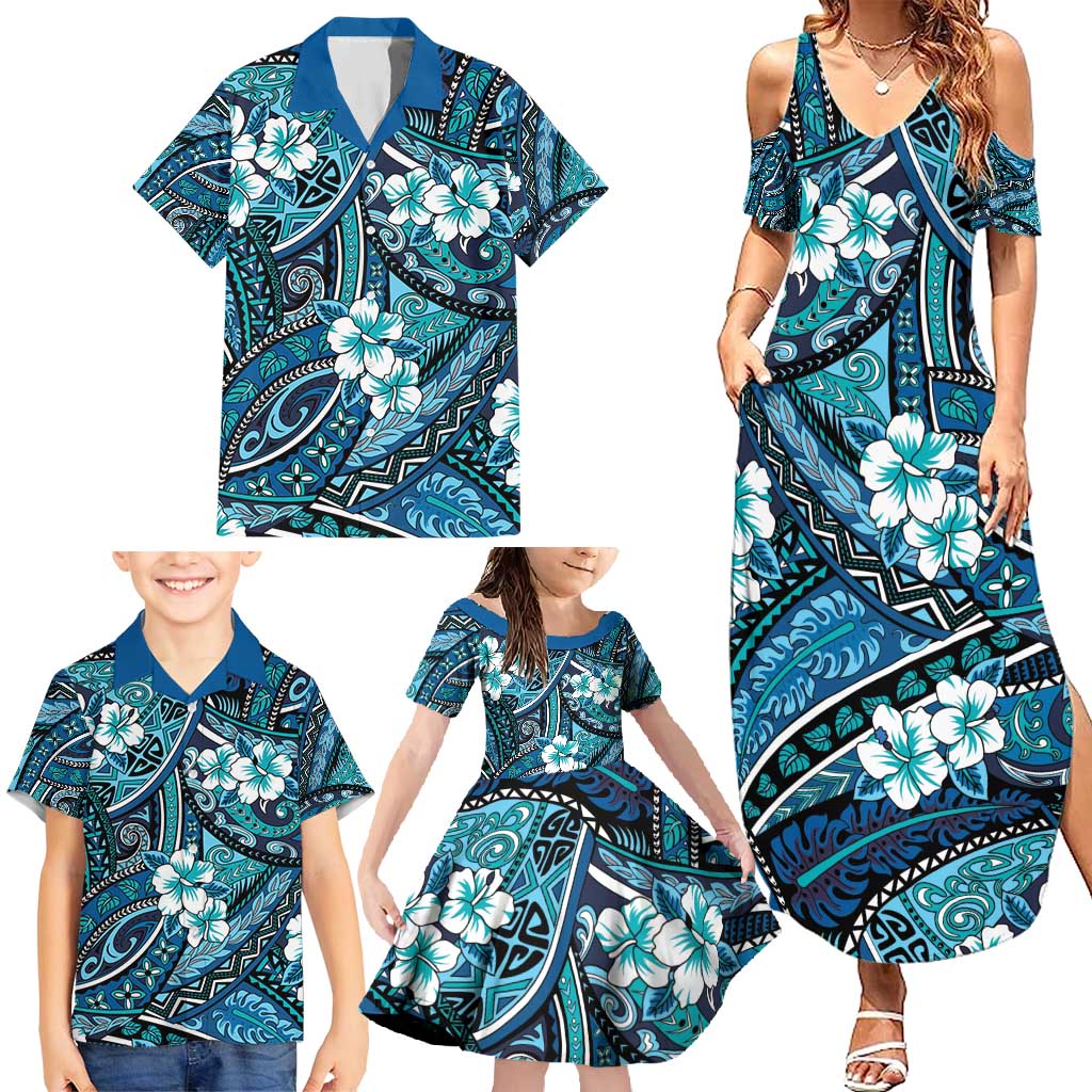 Polynesian Hibiscus Tropical Blue Floral Family Matching Summer Maxi Dress and Hawaiian Shirt Tribal Pattern - Polynesian Pride