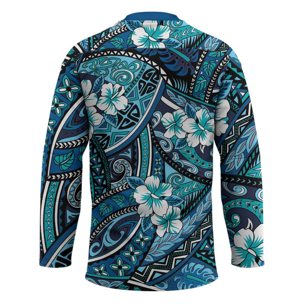 Polynesian Hibiscus Tropical Blue Floral Hockey Jersey Tribal Pattern - Polynesian Pride