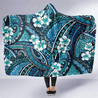 Polynesian Hibiscus Tropical Blue Floral Hooded Blanket Tribal Pattern - Polynesian Pride