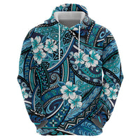 Polynesian Hibiscus Tropical Blue Floral Hoodie Tribal Pattern - Polynesian Pride