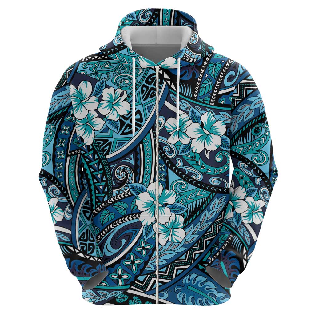 Polynesian Hibiscus Tropical Blue Floral Hoodie Tribal Pattern - Polynesian Pride