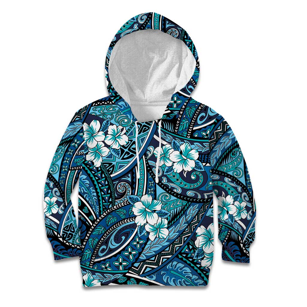 Polynesian Hibiscus Tropical Blue Floral Kid Hoodie Tribal Pattern - Polynesian Pride
