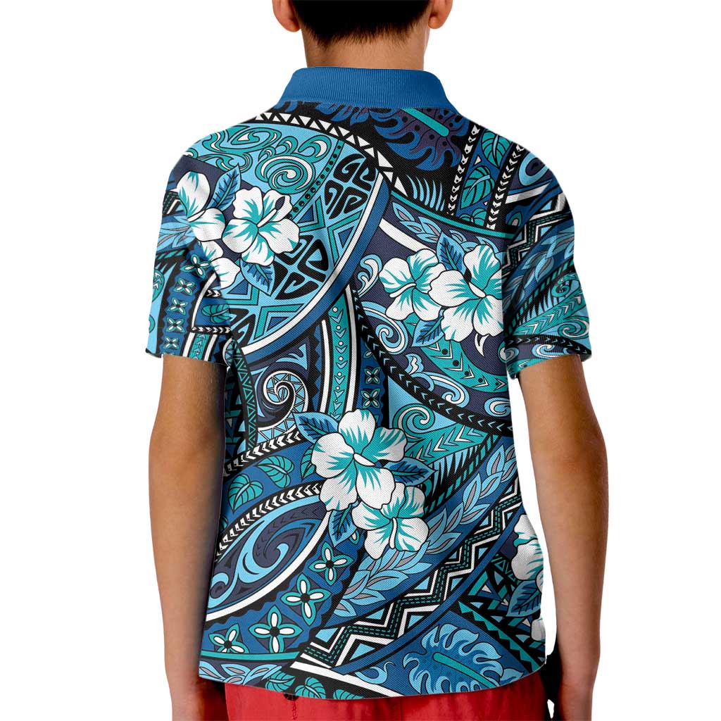 Polynesian Hibiscus Tropical Blue Floral Kid Polo Shirt Tribal Pattern - Polynesian Pride