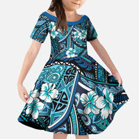 Polynesian Hibiscus Tropical Blue Floral Kid Short Sleeve Dress Tribal Pattern - Polynesian Pride