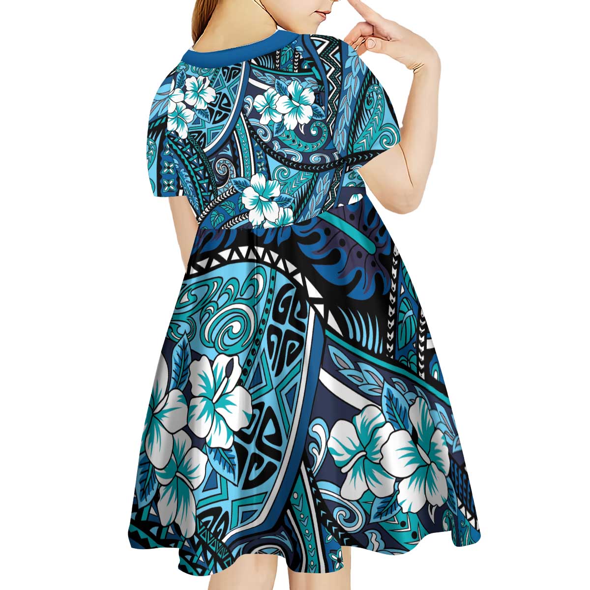 Polynesian Hibiscus Tropical Blue Floral Kid Short Sleeve Dress Tribal Pattern - Polynesian Pride