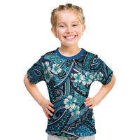 Polynesian Hibiscus Tropical Blue Floral Kid T Shirt Tribal Pattern - Polynesian Pride