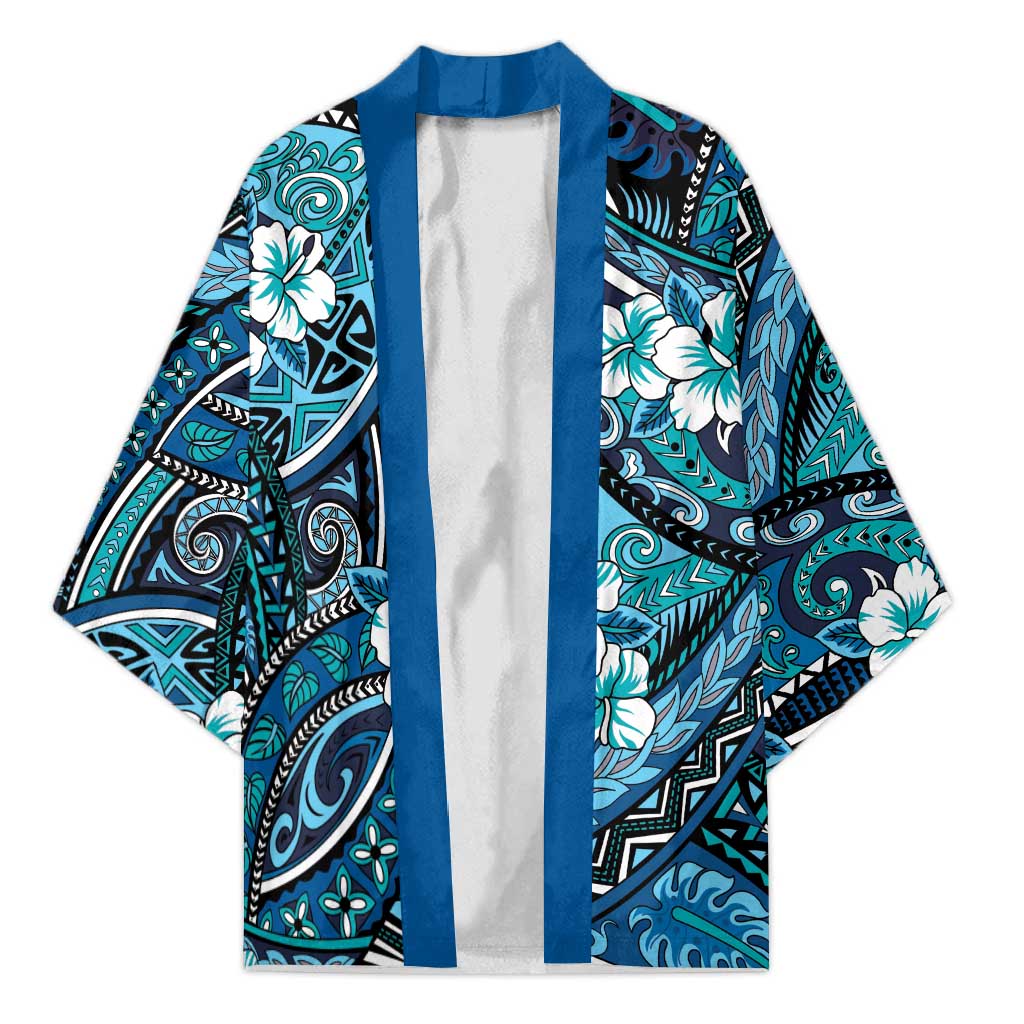 Polynesian Hibiscus Tropical Blue Floral Kimono Tribal Pattern - Polynesian Pride