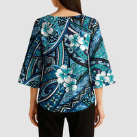 Polynesian Hibiscus Tropical Blue Floral Kimono Sleeve Blouse Tribal Pattern - Polynesian Pride