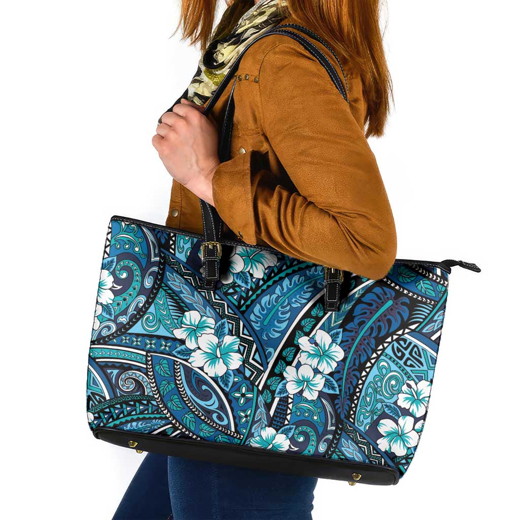 Polynesian Hibiscus Tropical Blue Floral Leather Tote Bag Tribal Pattern - Polynesian Pride
