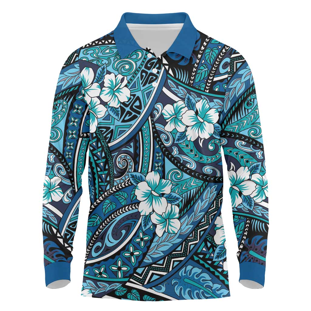 Polynesian Hibiscus Tropical Blue Floral Long Sleeve Polo Shirt Tribal Pattern LT01 Blue - Polynesian Pride