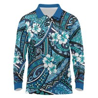 Polynesian Hibiscus Tropical Blue Floral Long Sleeve Polo Shirt Tribal Pattern LT01 Blue - Polynesian Pride