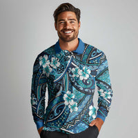 Polynesian Hibiscus Tropical Blue Floral Long Sleeve Polo Shirt Tribal Pattern LT01 - Polynesian Pride