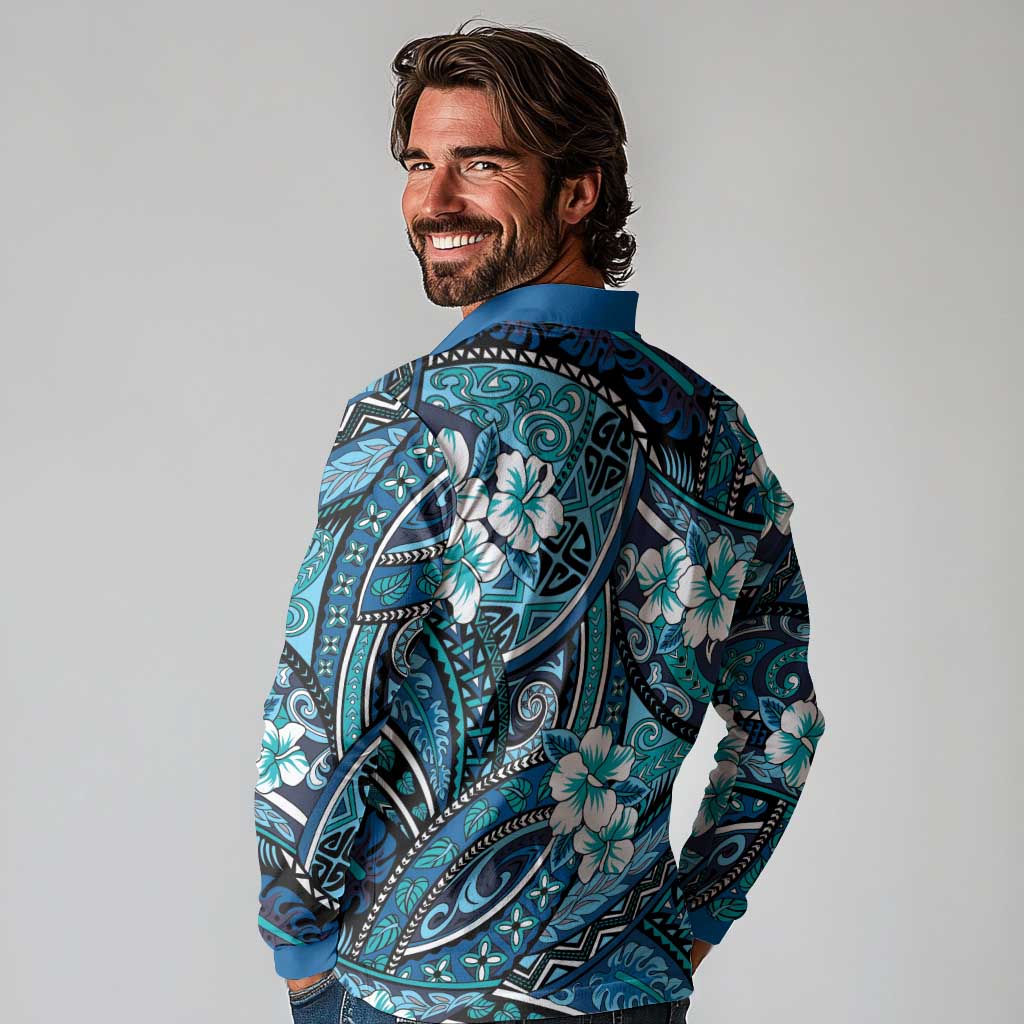 Polynesian Hibiscus Tropical Blue Floral Long Sleeve Polo Shirt Tribal Pattern LT01 - Polynesian Pride