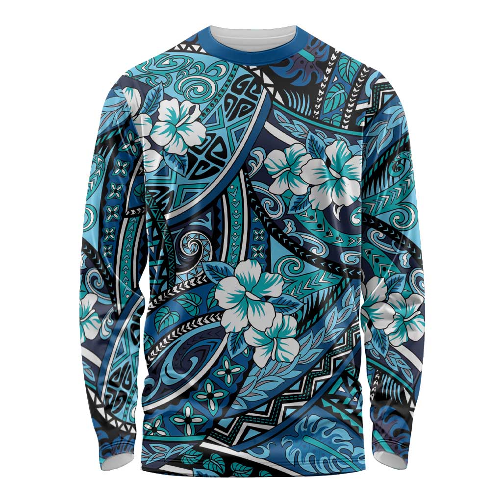 Polynesian Hibiscus Tropical Blue Floral Long Sleeve Shirt Tribal Pattern LT01 Unisex Blue - Polynesian Pride