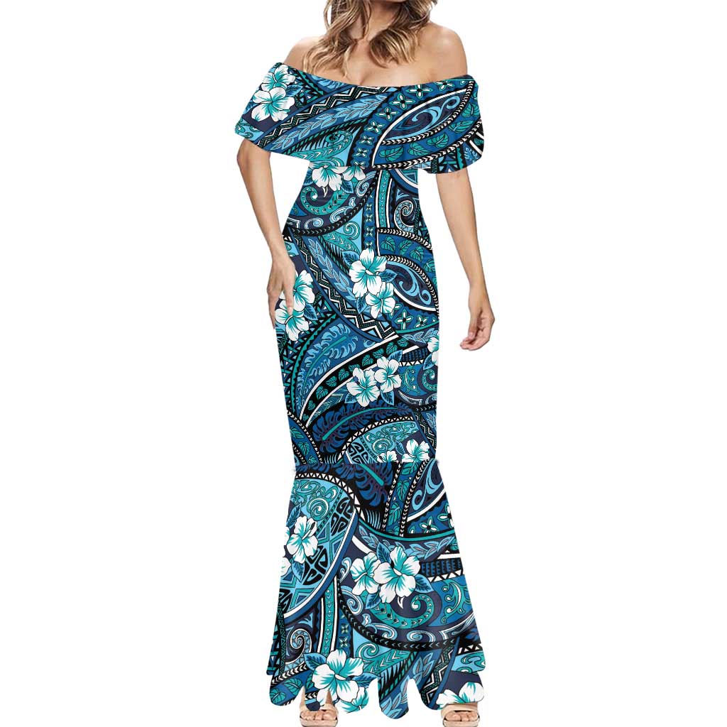 Polynesian Hibiscus Tropical Blue Floral Mermaid Dress Tribal Pattern - Polynesian Pride
