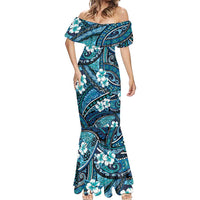 Polynesian Hibiscus Tropical Blue Floral Mermaid Dress Tribal Pattern - Polynesian Pride