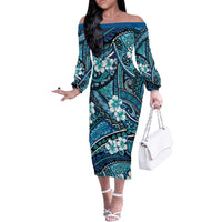 Polynesian Hibiscus Tropical Blue Floral Off The Shoulder Long Sleeve Dress Tribal Pattern - Polynesian Pride