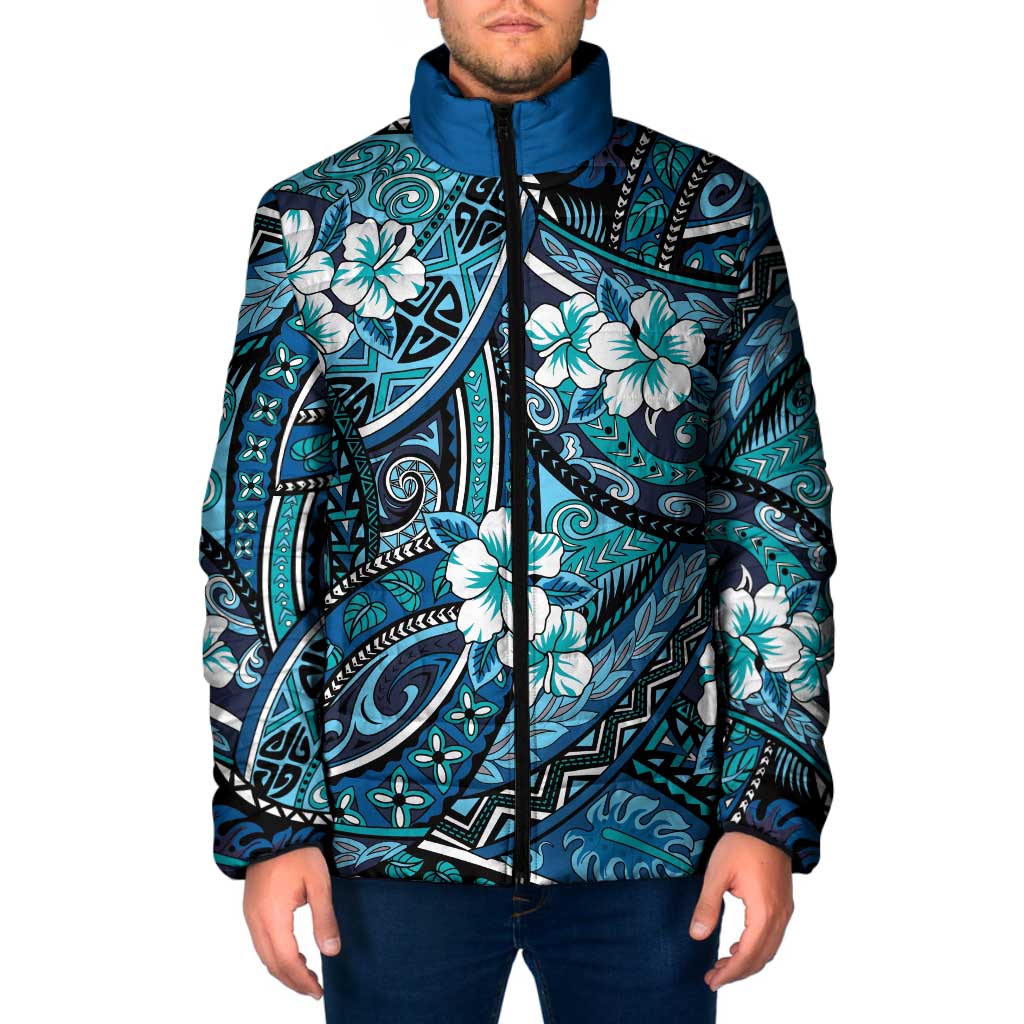Polynesian Hibiscus Tropical Blue Floral Padded Jacket Tribal Pattern - Polynesian Pride