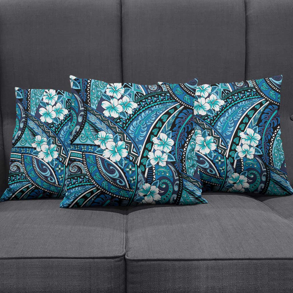 Polynesian Hibiscus Tropical Blue Floral Pillow Cover Tribal Pattern - Polynesian Pride