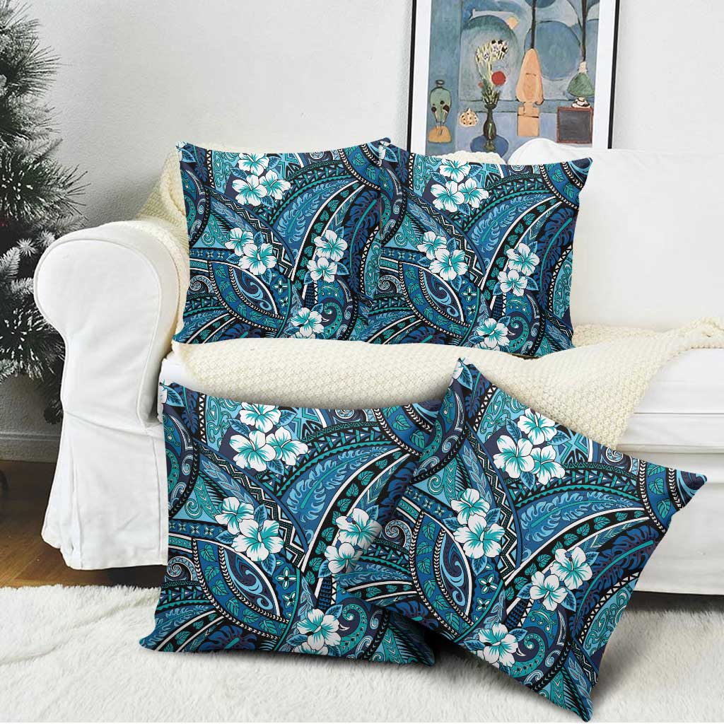 Polynesian Hibiscus Tropical Blue Floral Pillow Cover Tribal Pattern - Polynesian Pride