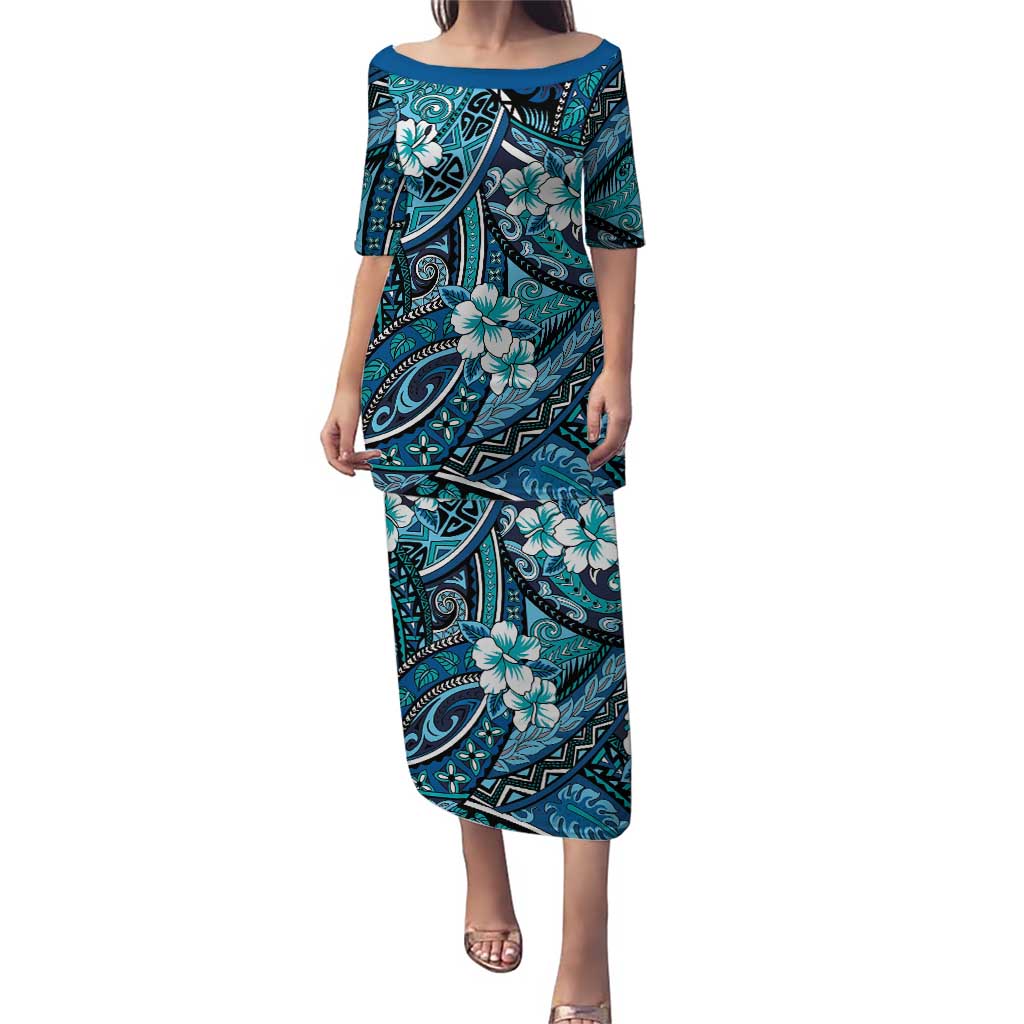 Polynesian Hibiscus Tropical Blue Floral Puletasi Tribal Pattern - Polynesian Pride