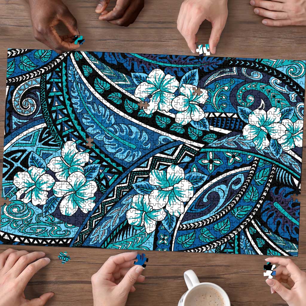 Polynesian Hibiscus Tropical Blue Floral Puzzle Tribal Pattern - Polynesian Pride
