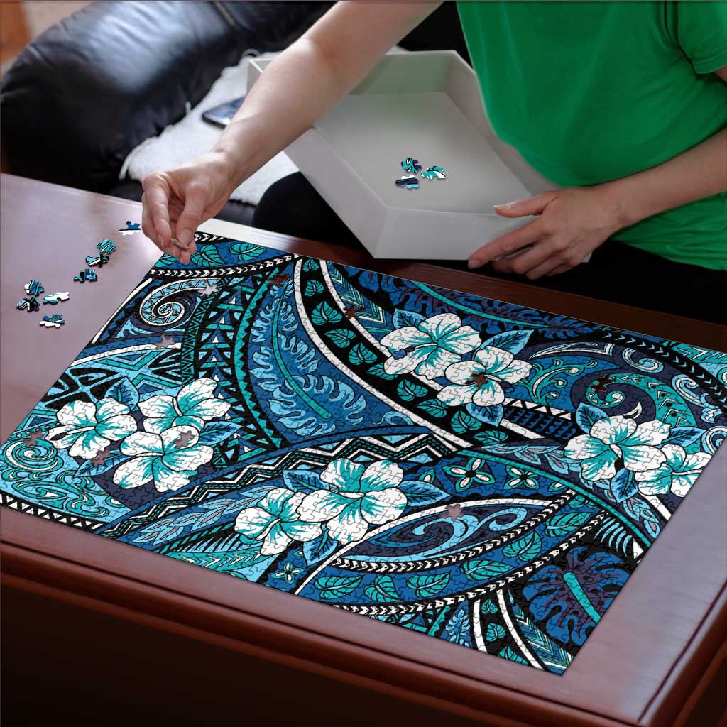 Polynesian Hibiscus Tropical Blue Floral Puzzle Tribal Pattern - Polynesian Pride