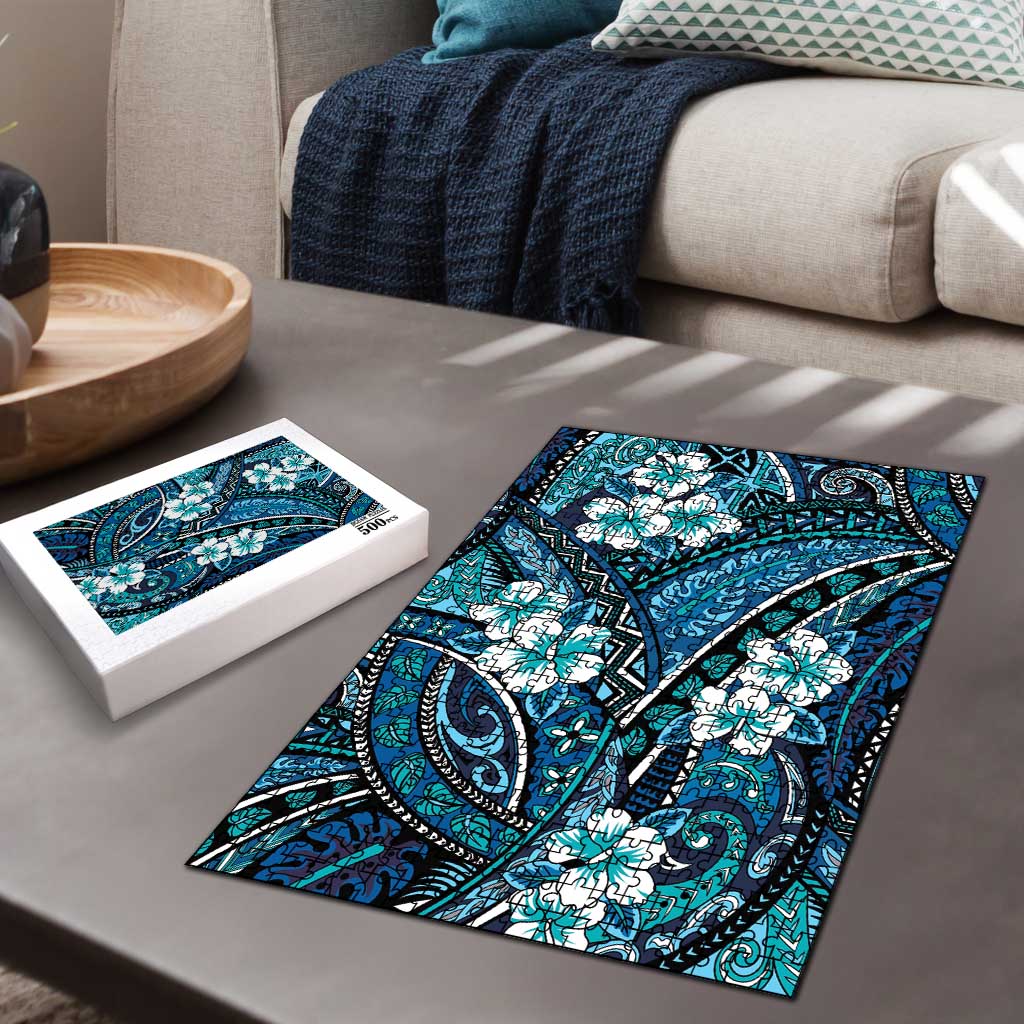 Polynesian Hibiscus Tropical Blue Floral Puzzle Tribal Pattern - Polynesian Pride