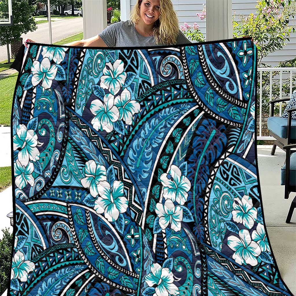 Polynesian Hibiscus Tropical Blue Floral Quilt Tribal Pattern LT01 Blue - Polynesian Pride