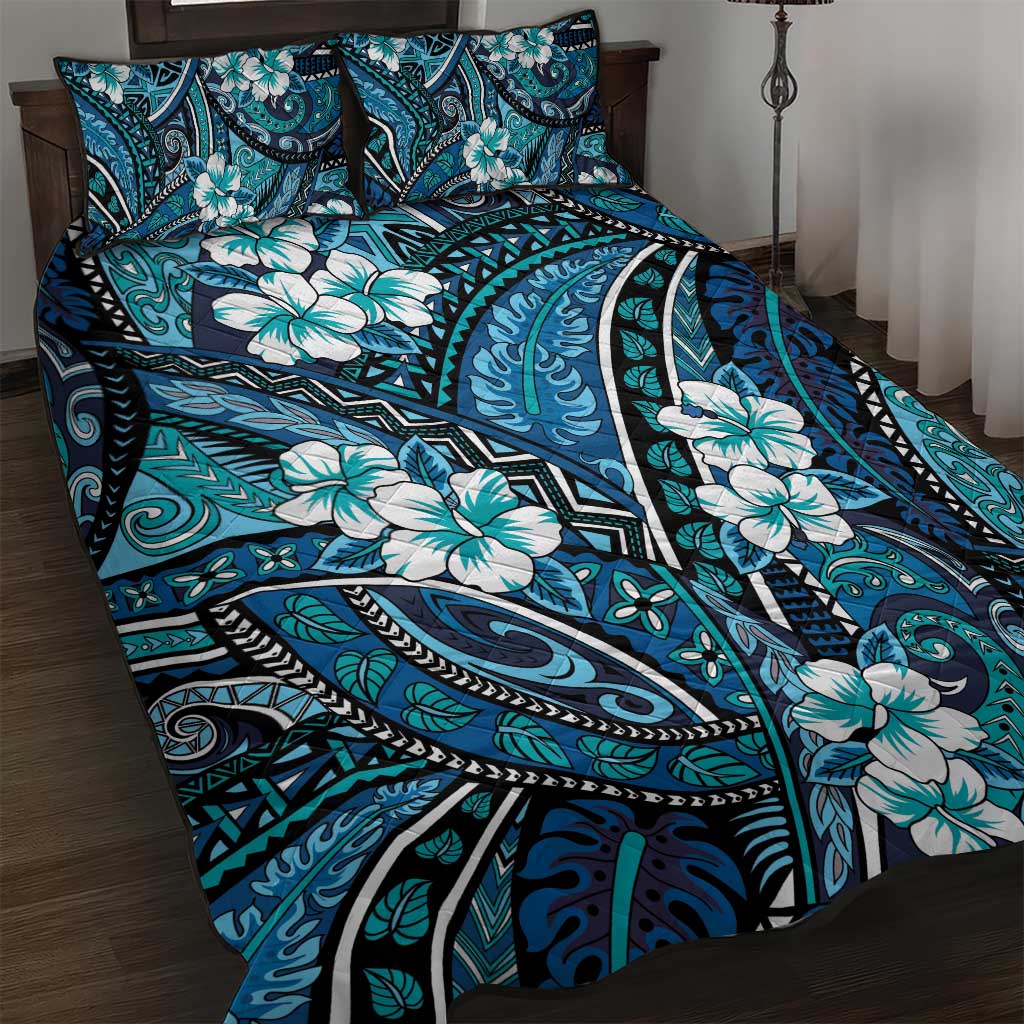 Polynesian Hibiscus Tropical Blue Floral Quilt Bed Set Tribal Pattern LT01 Blue - Polynesian Pride
