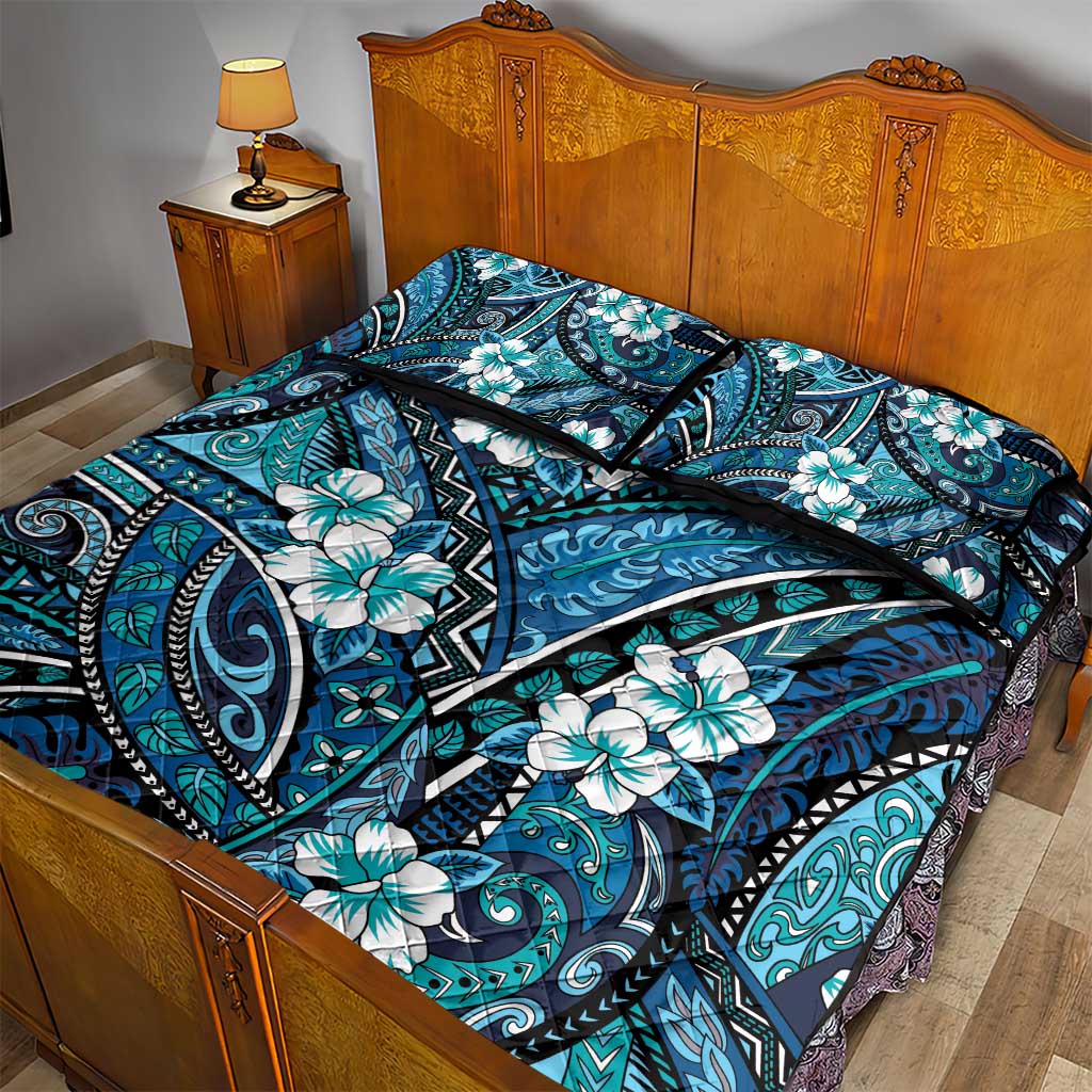 Polynesian Hibiscus Tropical Blue Floral Quilt Bed Set Tribal Pattern - Polynesian Pride