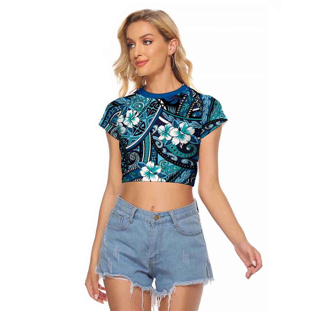 Polynesian Hibiscus Tropical Blue Floral Raglan Cropped T Shirt Tribal Pattern LT01 Female Blue - Polynesian Pride