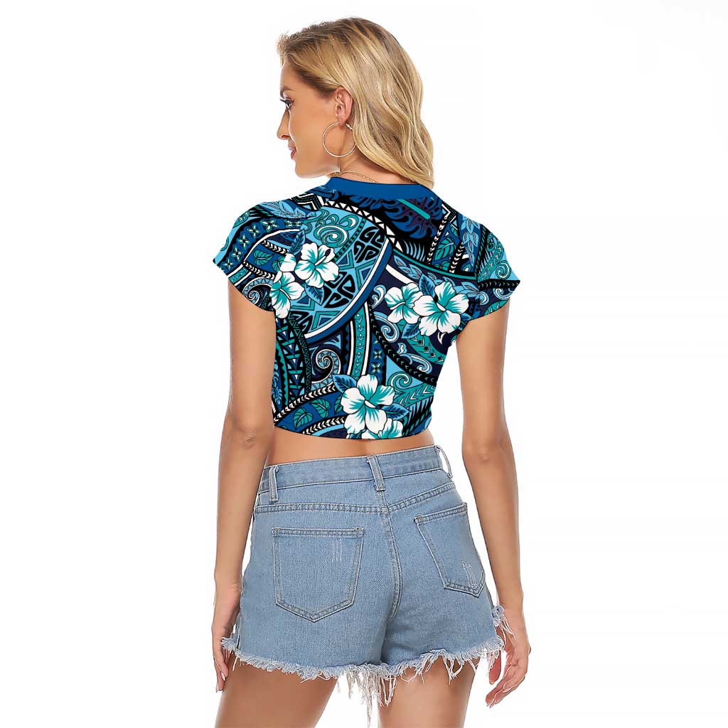 Polynesian Hibiscus Tropical Blue Floral Raglan Cropped T Shirt Tribal Pattern LT01 - Polynesian Pride