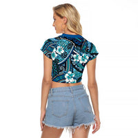 Polynesian Hibiscus Tropical Blue Floral Raglan Cropped T Shirt Tribal Pattern LT01 - Polynesian Pride