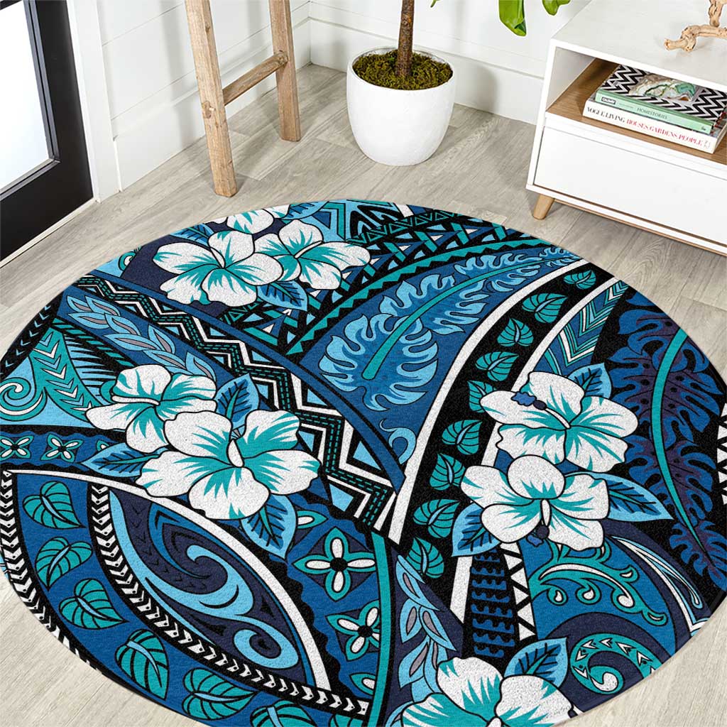 Polynesian Hibiscus Tropical Blue Floral Round Carpet Tribal Pattern LT01 Blue - Polynesian Pride