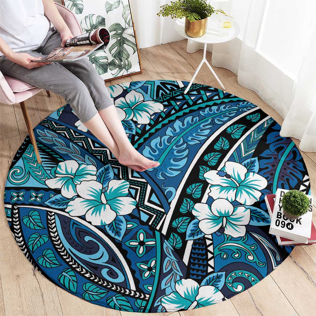 Polynesian Hibiscus Tropical Blue Floral Round Carpet Tribal Pattern - Polynesian Pride