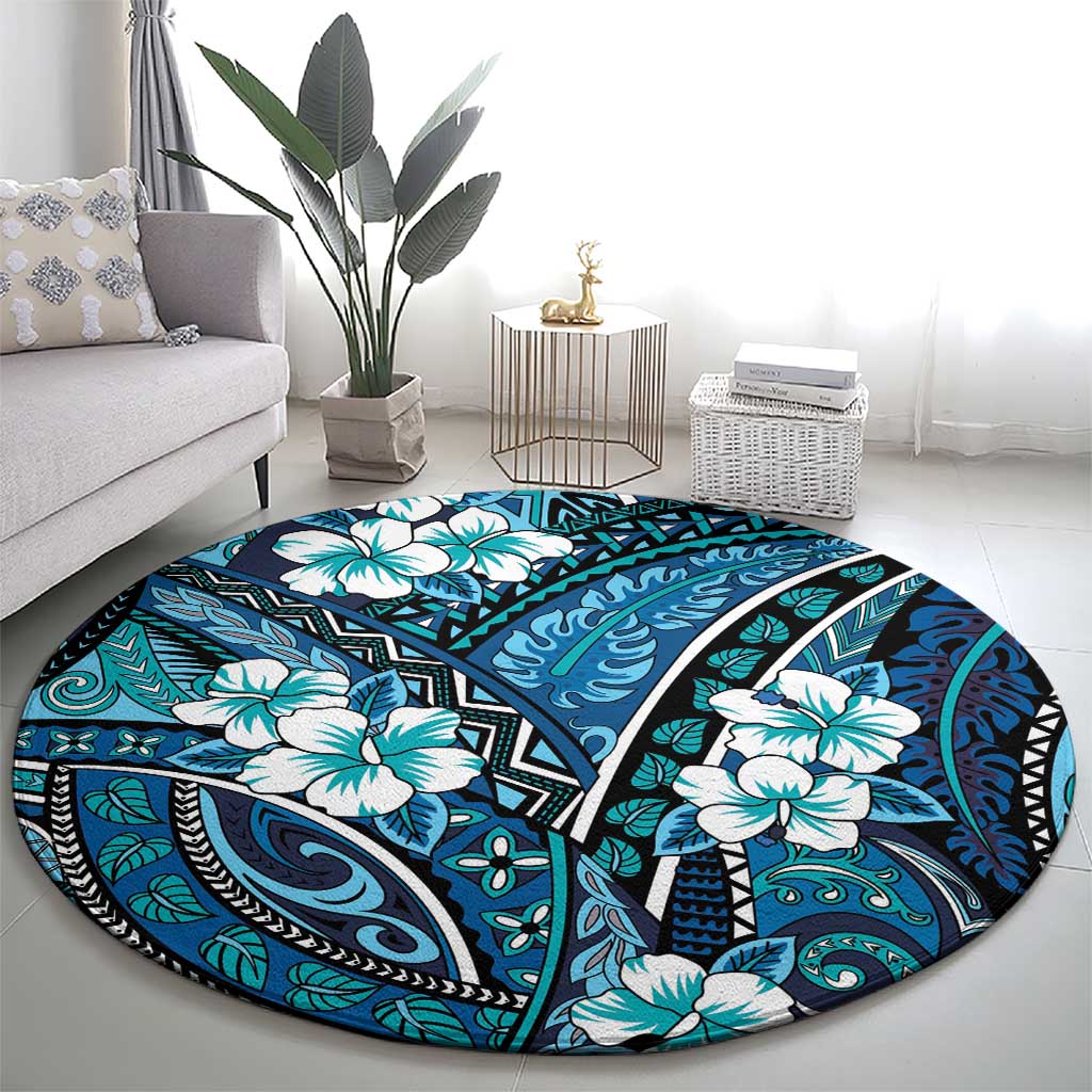 Polynesian Hibiscus Tropical Blue Floral Round Carpet Tribal Pattern - Polynesian Pride