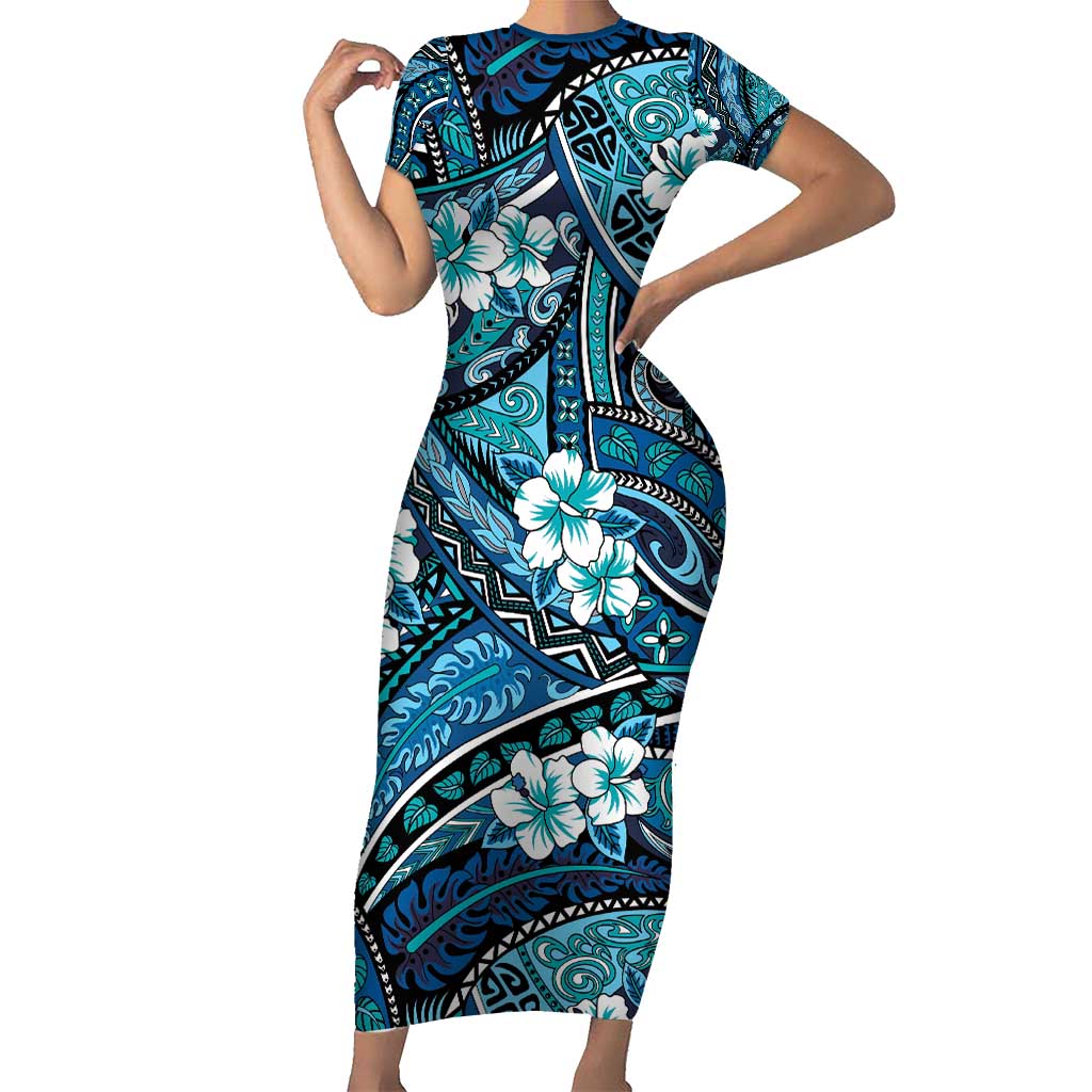 Polynesian Hibiscus Tropical Blue Floral Short Sleeve Bodycon Dress Tribal Pattern