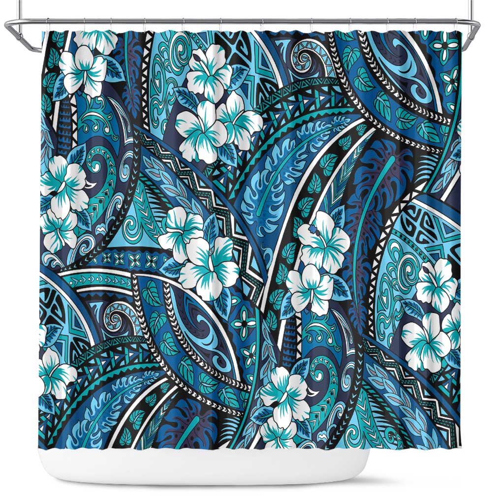 Polynesian Hibiscus Tropical Blue Floral Shower Curtain Tribal Pattern LT01 Blue - Polynesian Pride