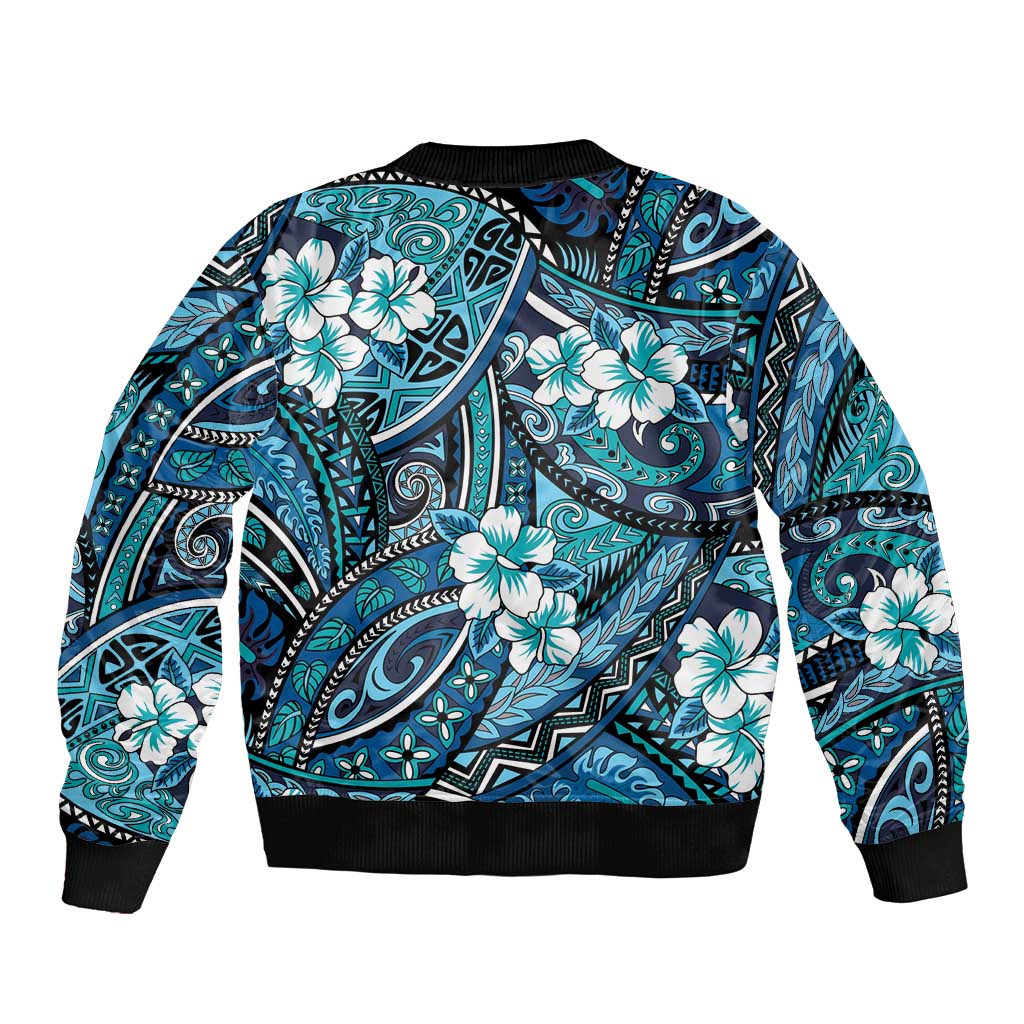 Polynesian Hibiscus Tropical Blue Floral Sleeve Zip Bomber Jacket Tribal Pattern - Polynesian Pride