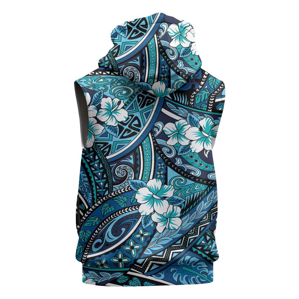 Polynesian Hibiscus Tropical Blue Floral Sleeveless Hoodie Tribal Pattern - Polynesian Pride