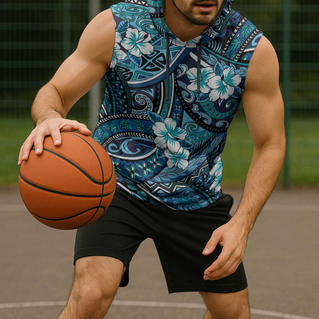 Polynesian Hibiscus Tropical Blue Floral Sleeveless Hoodie Tribal Pattern - Polynesian Pride