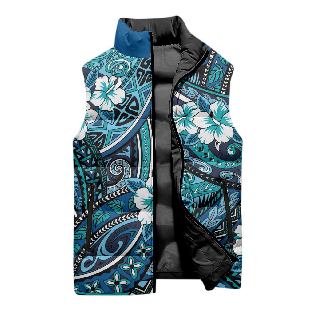 Polynesian Hibiscus Tropical Blue Floral Sleeveless Puffer Jacket Tribal Pattern - Polynesian Pride